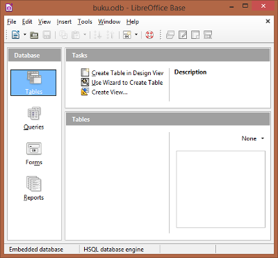 Tampilan Jendela LibreOffice Base untuk mengelola database